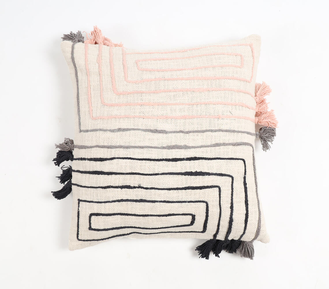 Embroidered Cotton Geometric Tasseled Cushion Cover