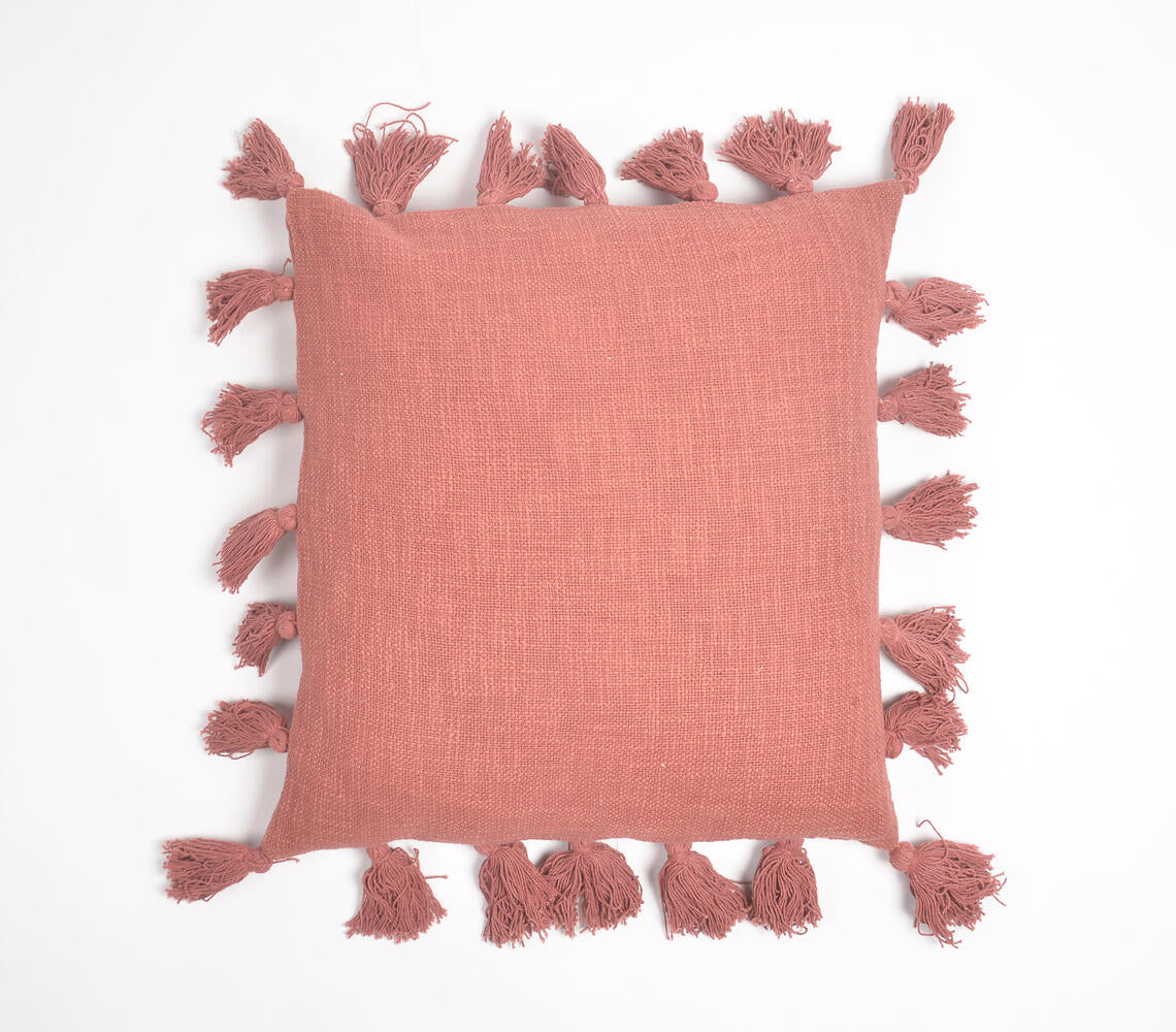 Solid Brick Red Tasseled Cushion Cover