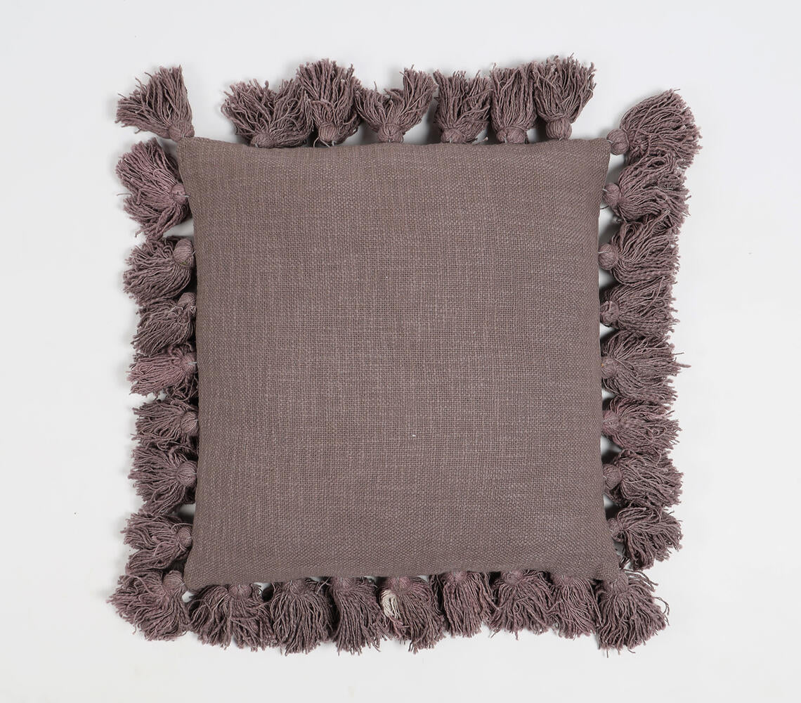 Solid Stone Grey Tasseled Cushion Cover