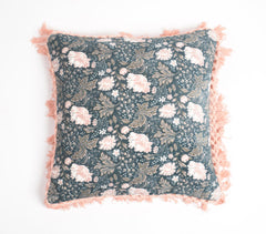 Midnight Magnolia Velvet Cushion Cover with Pastel Tassels
