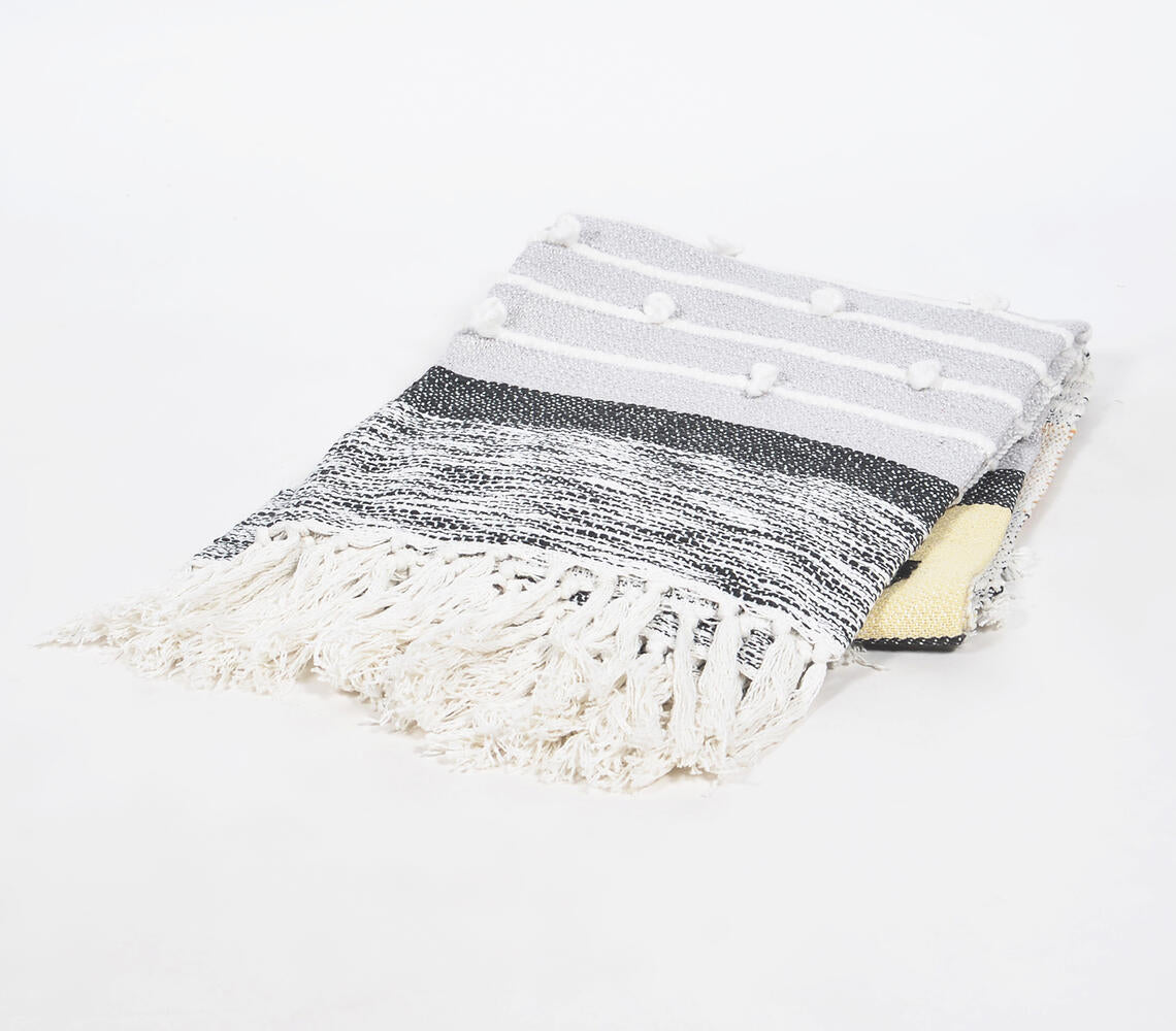 Statement Paneled Handloom Cotton & Wool Throw with Tassels