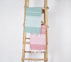 Handwoven Cotton Striped Sage & red Bath Towels (Set Of 2)