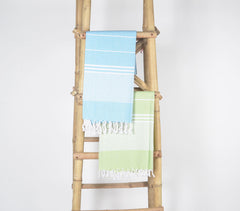 Handwoven Cotton striped Sky & Green Bath Towels (Set Of 2)