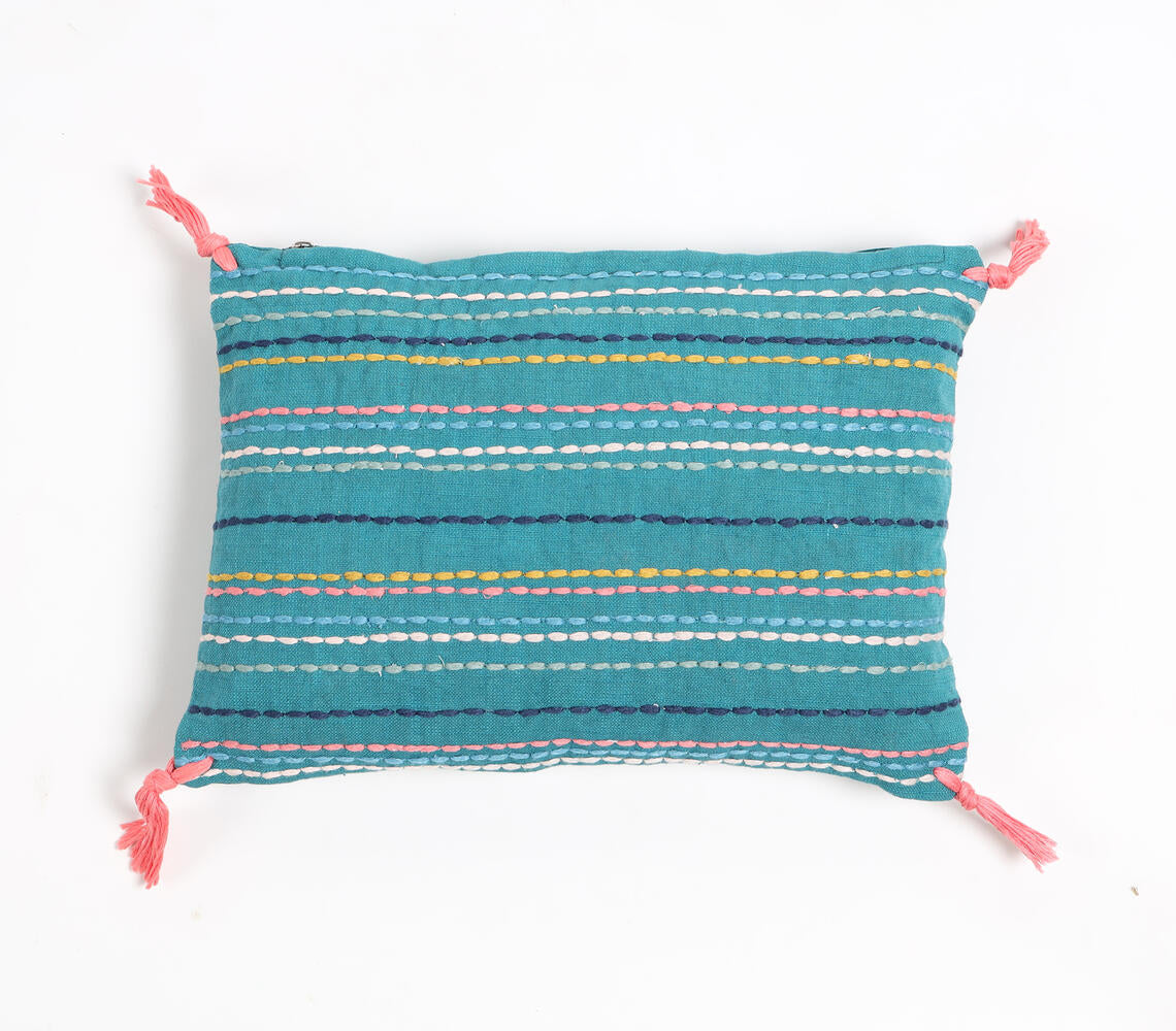 Striped & Tasseled Slub Teal Lumbar Cover
