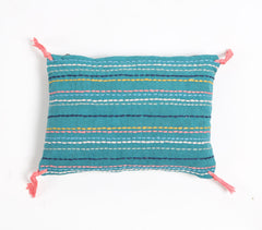 Striped & Tasseled Slub Teal Lumbar Cover