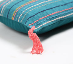 Striped & Tasseled Slub Teal Lumbar Cover