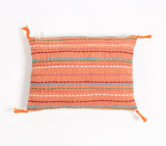 Striped & Tasseled Slub Coral Lumbar Cover
