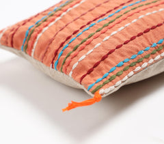 Striped & Tasseled Slub Coral Lumbar Cover