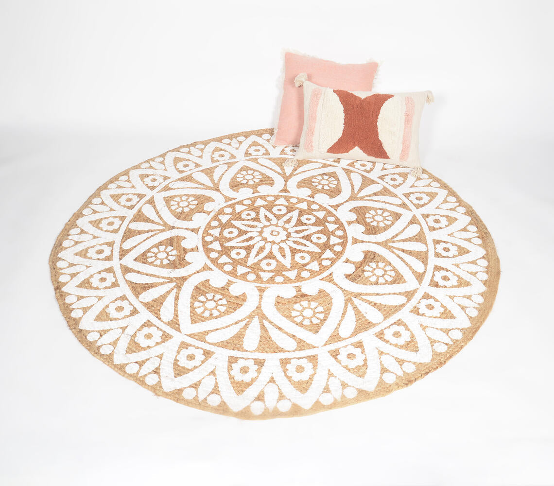 Hand Block Printed Monochrome Spiral Jute Rug