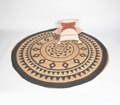 Hand Block Printed Geometric-Floral Spiral Jute Rug