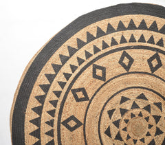 Hand Block Printed Geometric-Floral Spiral Jute Rug