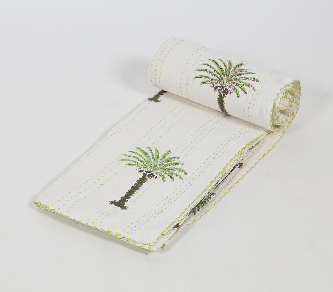 Hand Block Printed Palm Tree Reversible Cotton Quilt