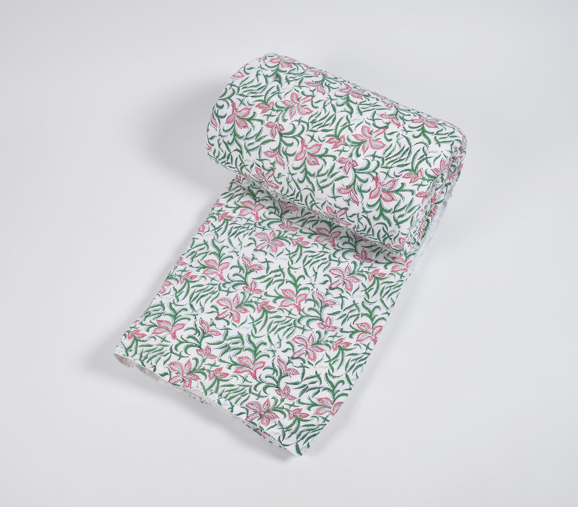 Hand Block Printed Reversible Floral Cotton Quilt_2