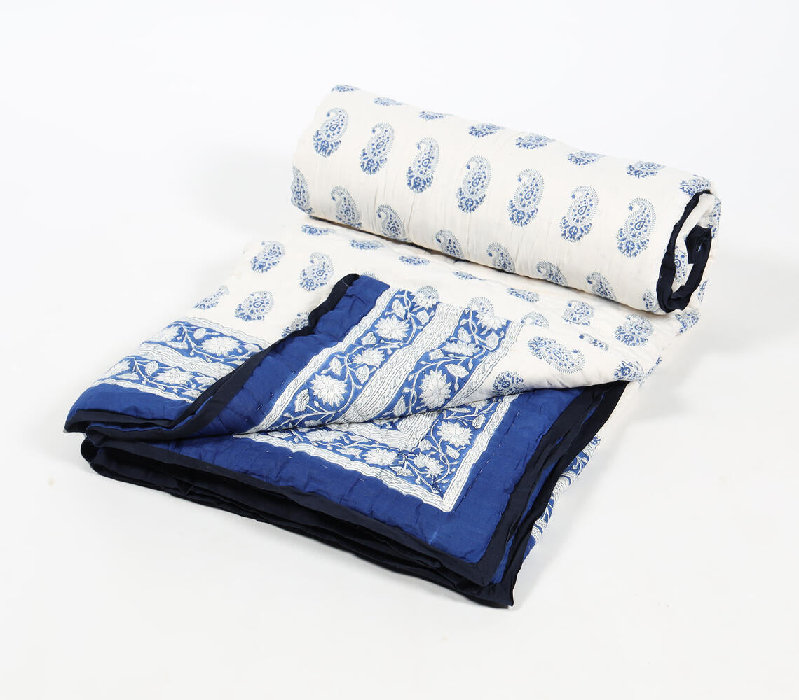 Hand Stitched Cotton Floral Paisley Monochrome Quilt