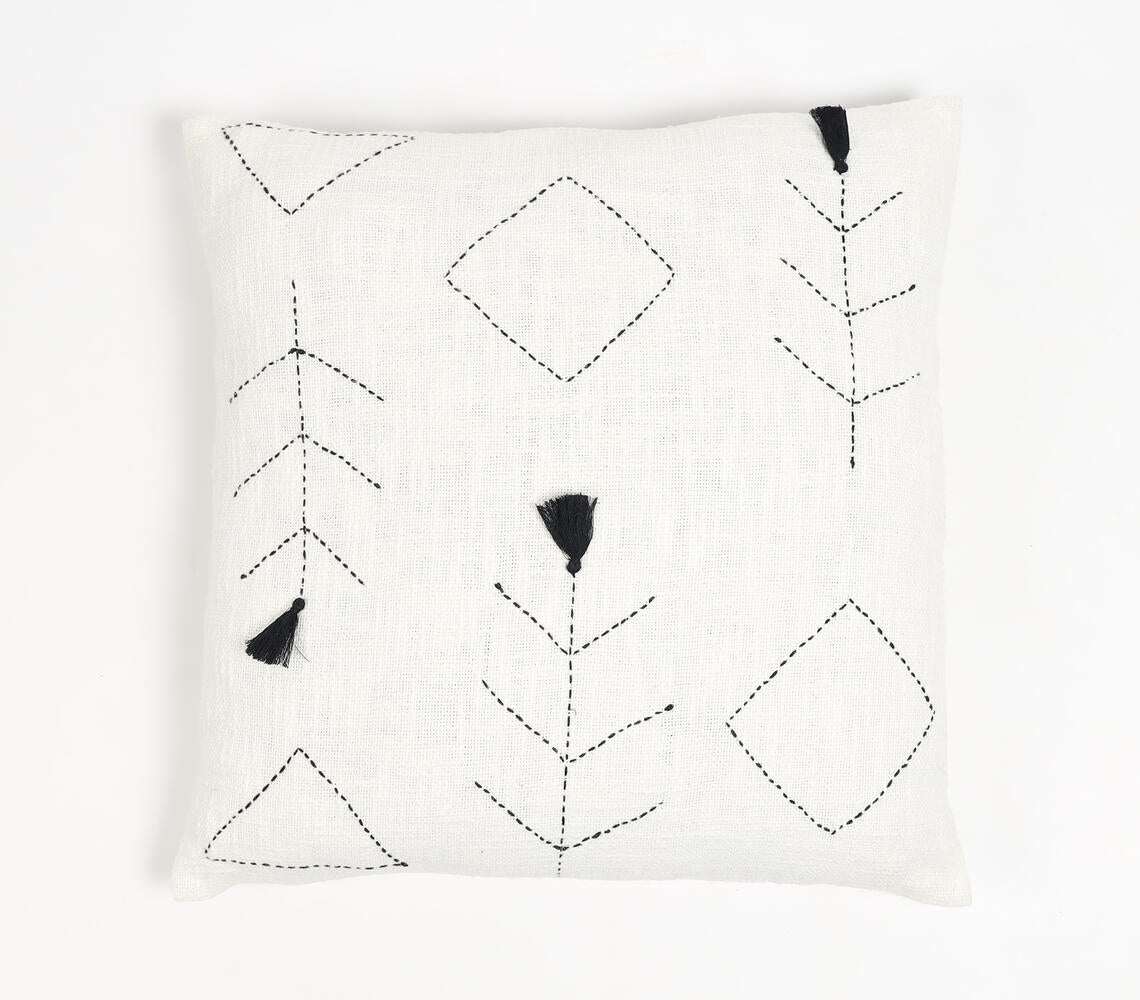 Handwoven Cotton White Geometric-Motifs Cushion Cover