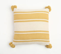 Colorblock Cotton Cushion Cover With Pom Poms