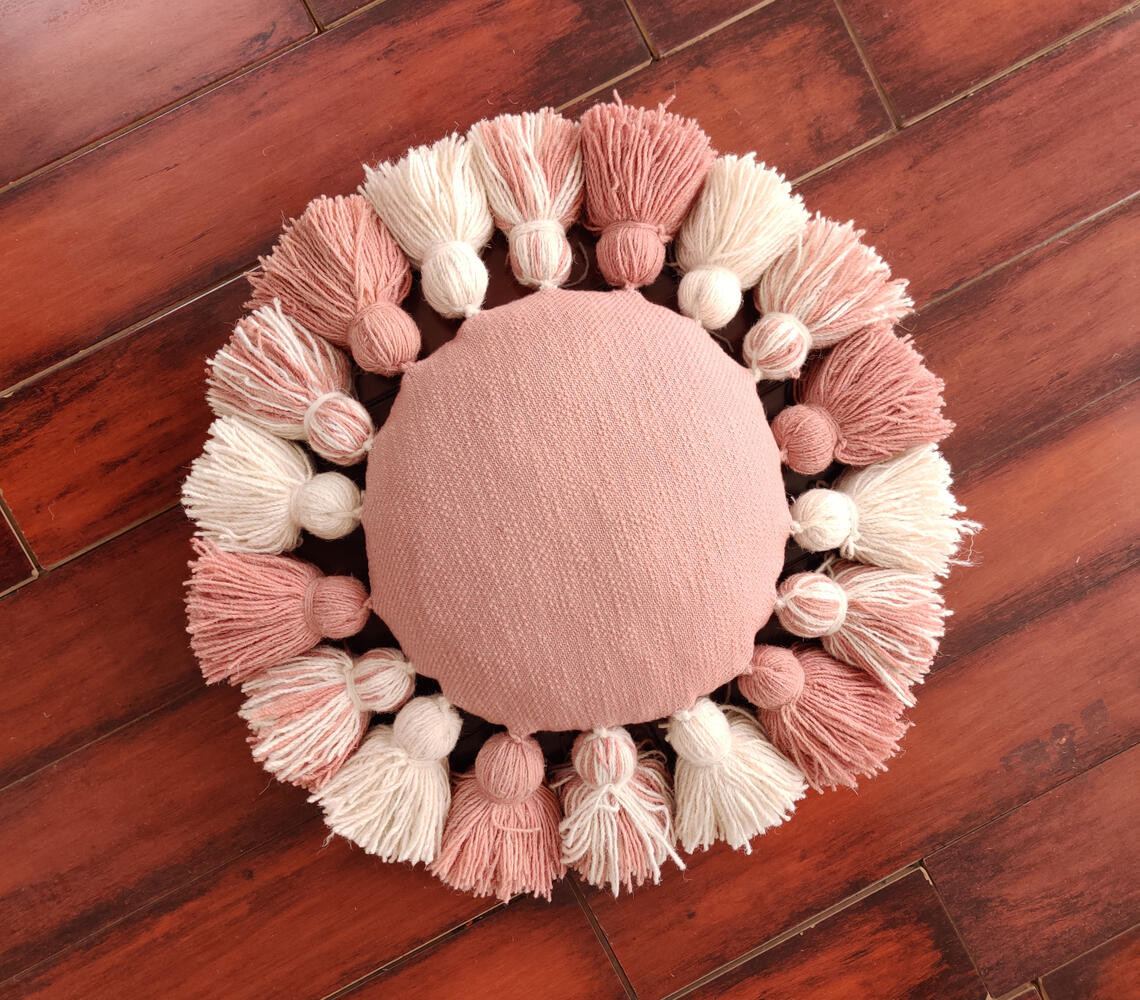 Handwoven Fluffy Tasseled Bubblegum Cushion cover