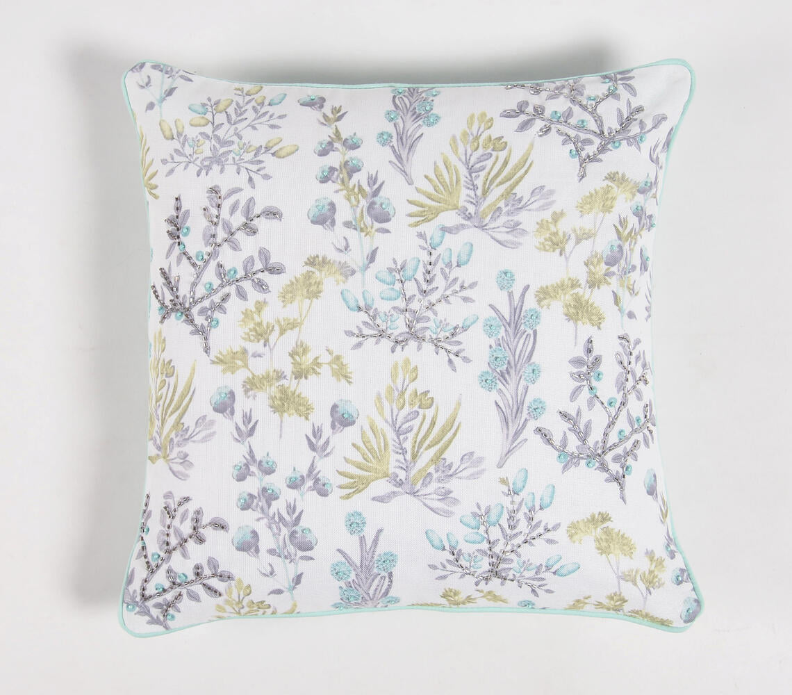 Botanical Printed & Beaded Cushion cover