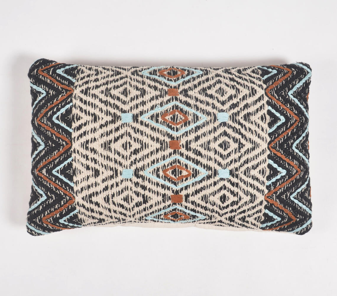 Embroidered Woven & Patchwork Cotton Lumbar Cushion cover