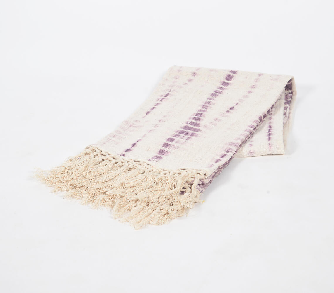 Shibori Tie-and-Dye Mauve Cotton Throw with Tassels