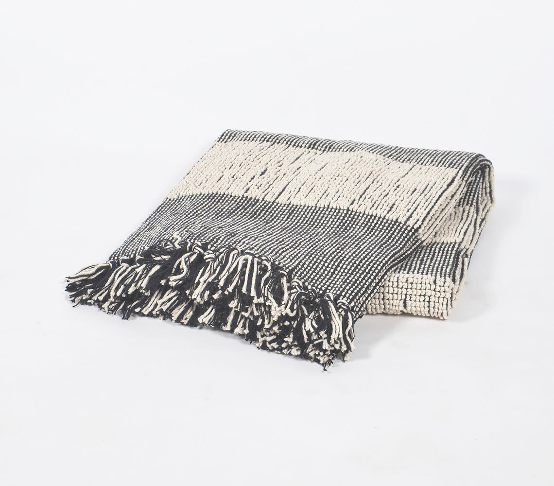 Handwoven Cotton Monochrome Block-Striped Throw with Tassels