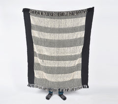 Handwoven Cotton Monochrome Block-Striped Throw with Tassels