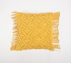 Macrame Cotton Mustard Cushion Cover with Fringes