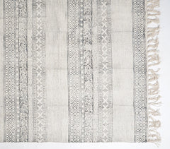 Greyscale Block Printed Cotton Tasseled Rug