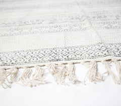 Greyscale Block Printed Cotton Tasseled Rug
