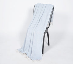 Yarn-Dyed Cotton Powder Blue Chevron Tasseled Throw