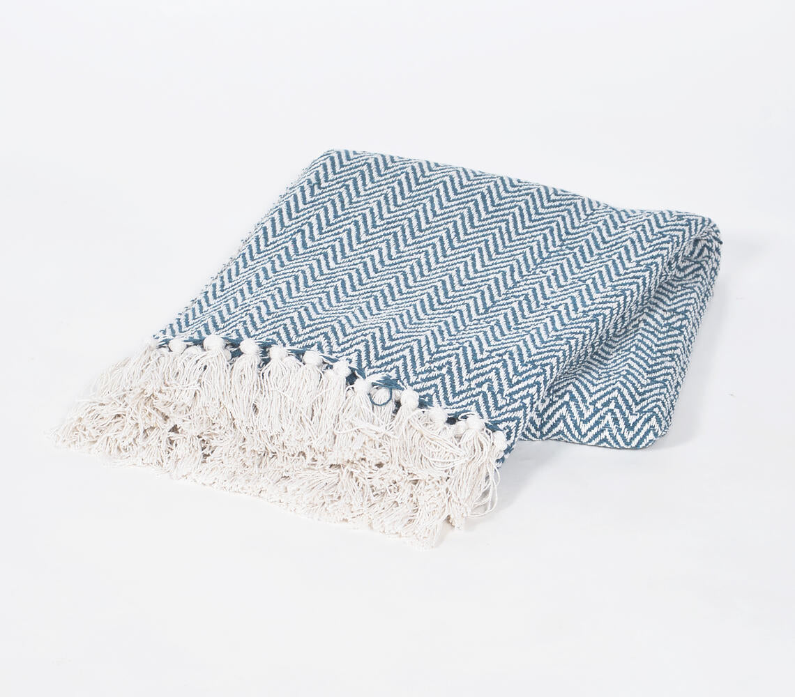 Yarn-Dyed Cotton Steel Blue Chevron Tasseled Throw