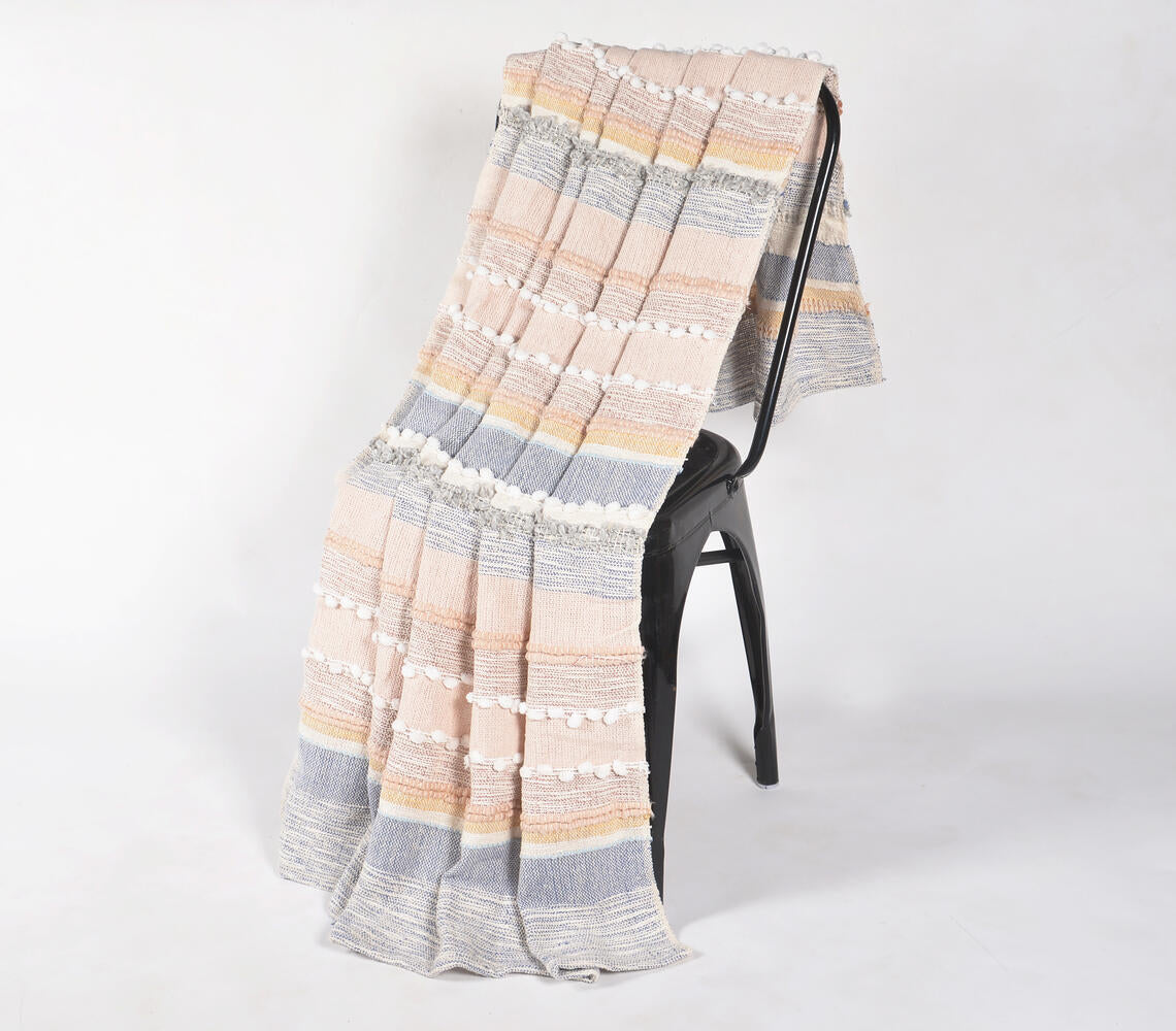 Handwoven Cotton Striped Throw with Pom-Poms
