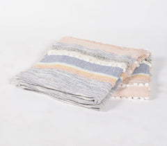 Handwoven Cotton Striped Throw with Pom-Poms