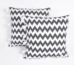Chevron Printed & tasseled Handloom Cotton Cushion Covers (set of 2)