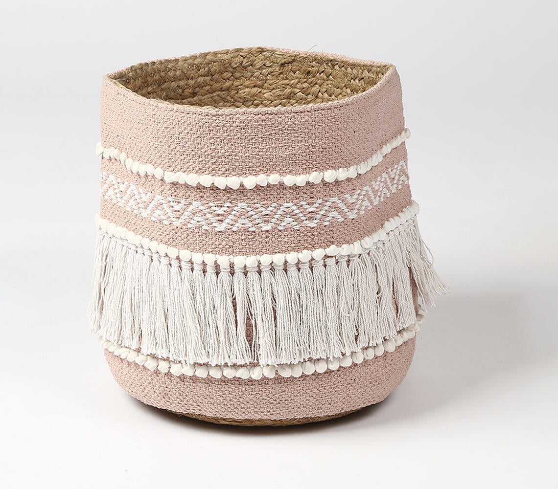 Handwoven Dusty Pink Tasseled Storage Basket