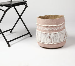 Handwoven Dusty Pink Tasseled Storage Basket