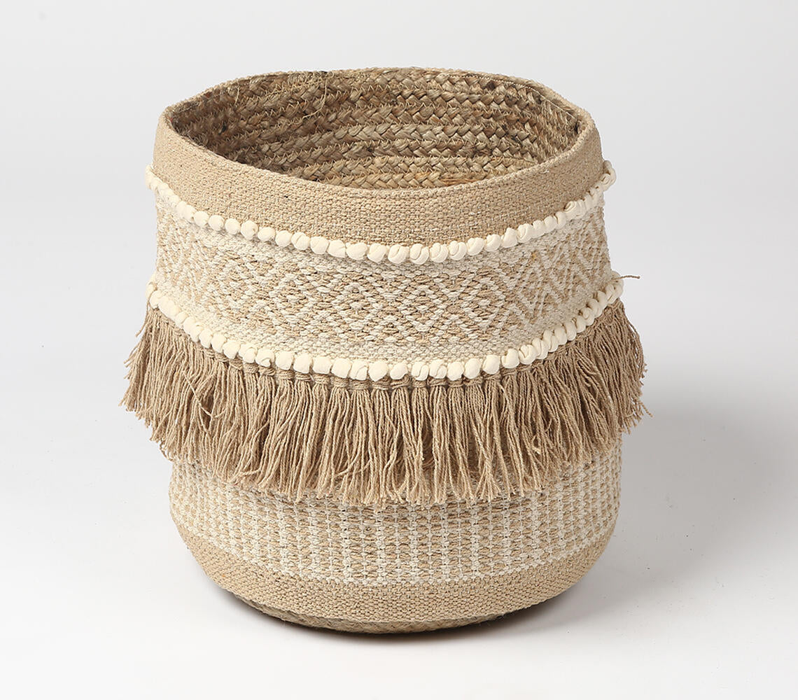 Handwoven Sandy Tasseled Storage Basket