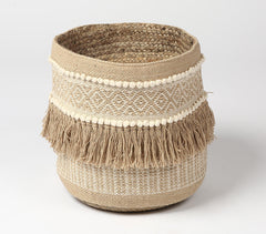 Handwoven Sandy Tasseled Storage Basket