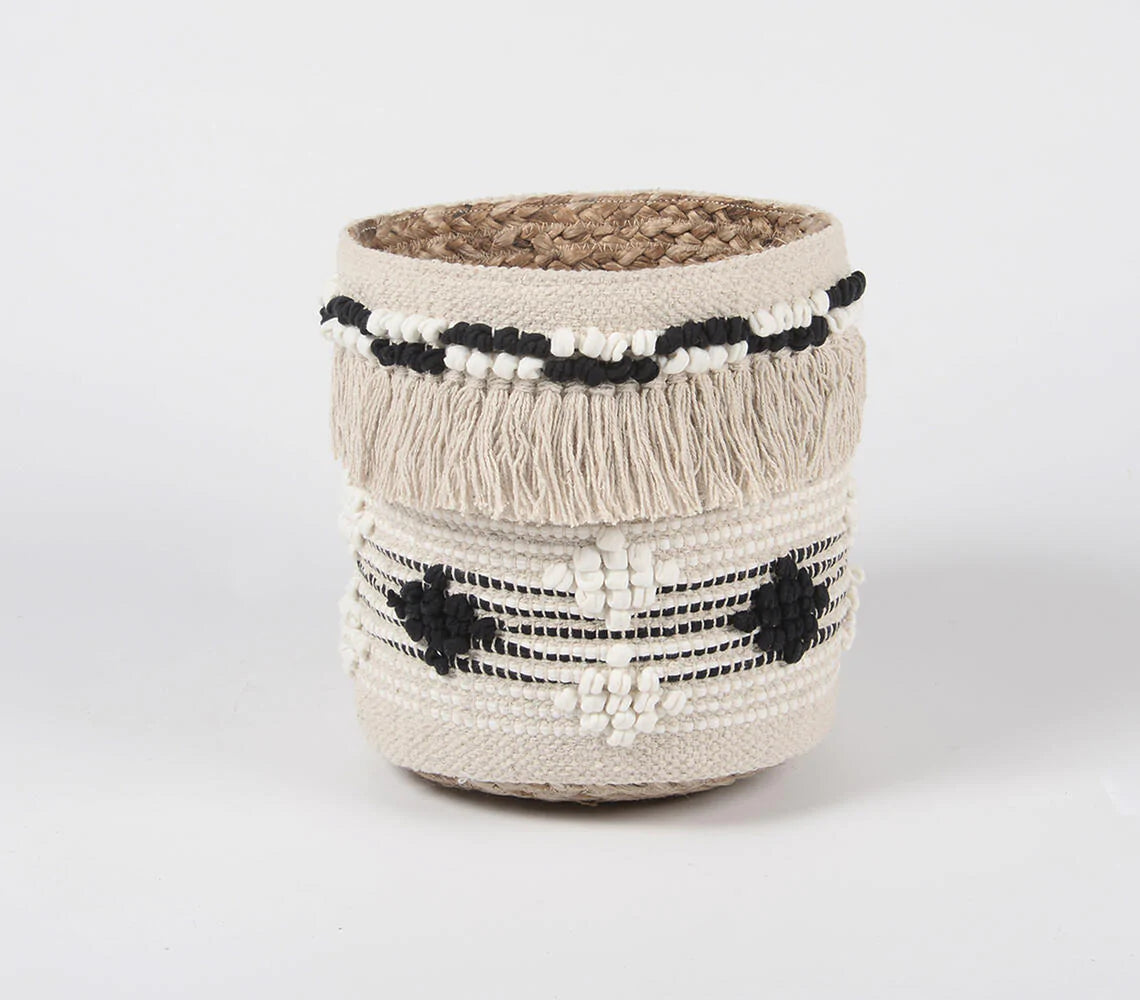 Textured Handwoven Cotton & Braided Jute Basket