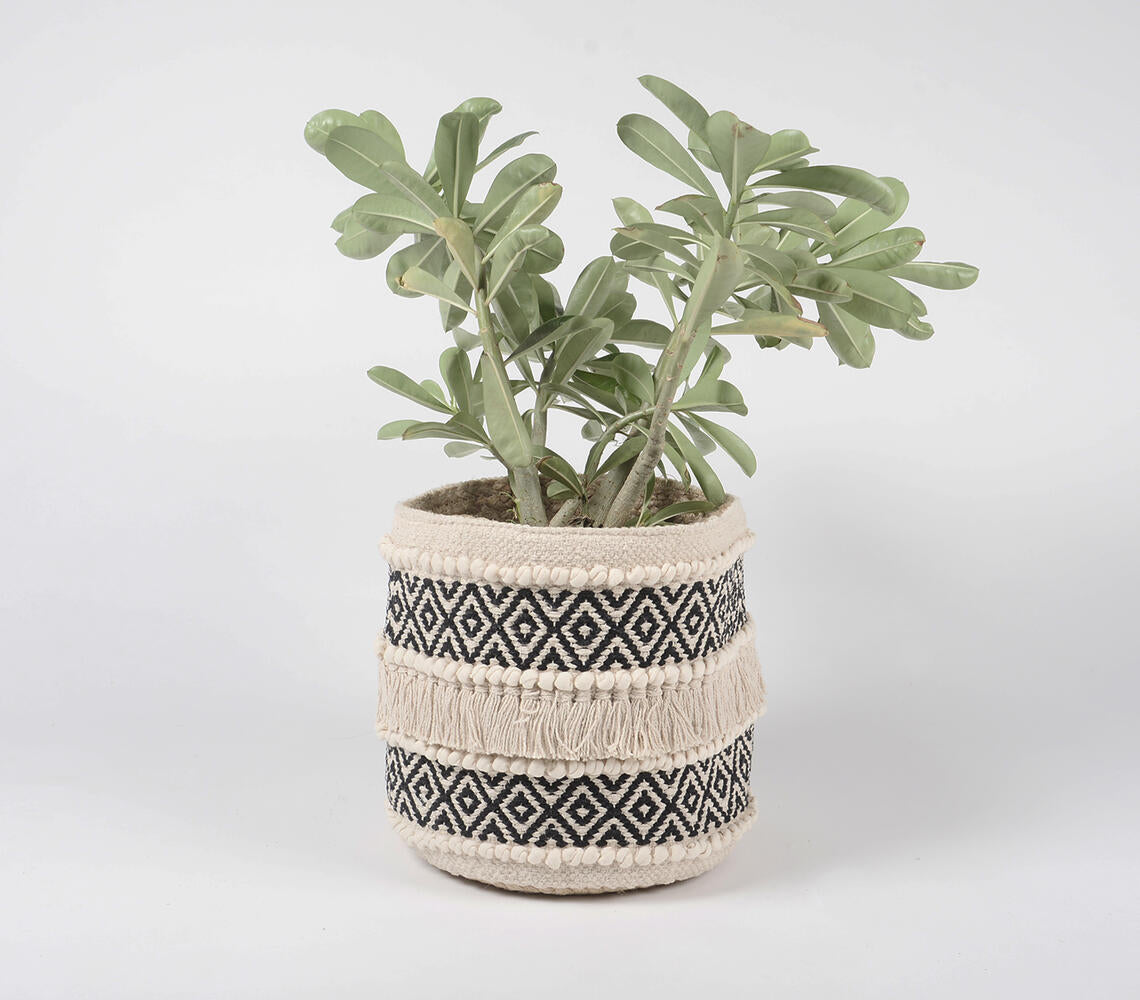 Monotone Diamond Handwoven Cotton & Braided Jute Basket