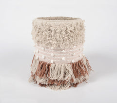 Shaggy Tasseled Cotton & Jute Rust Basket