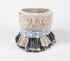 Shaggy Tasseled Cotton & Jute Blue Basket