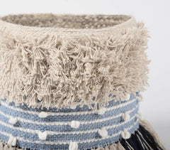 Shaggy Tasseled Cotton & Jute Blue Basket