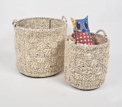 Checkered Woven Jute & Iron Nesting Basket (set of 2)