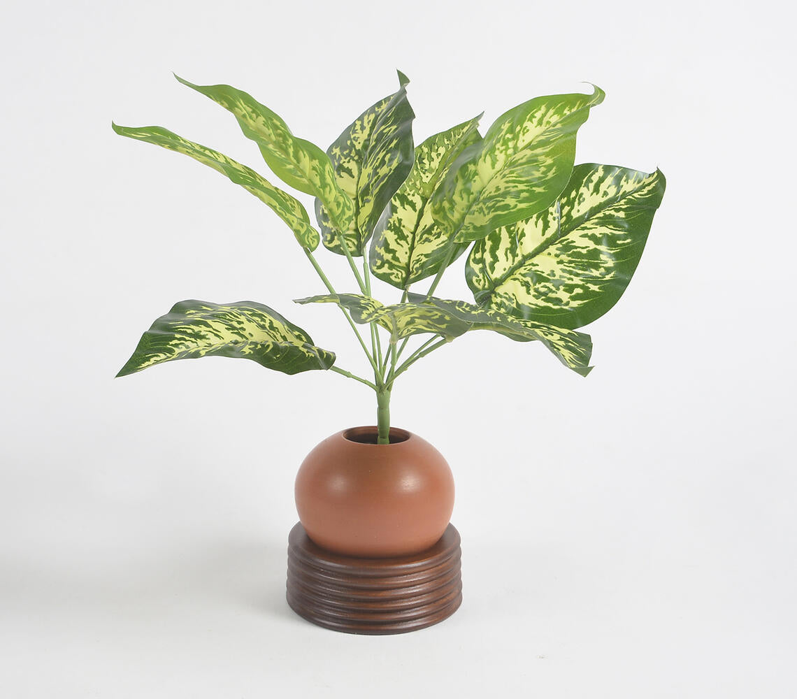 Ribbed Wooden & Terracotta Spherical Desk Planter