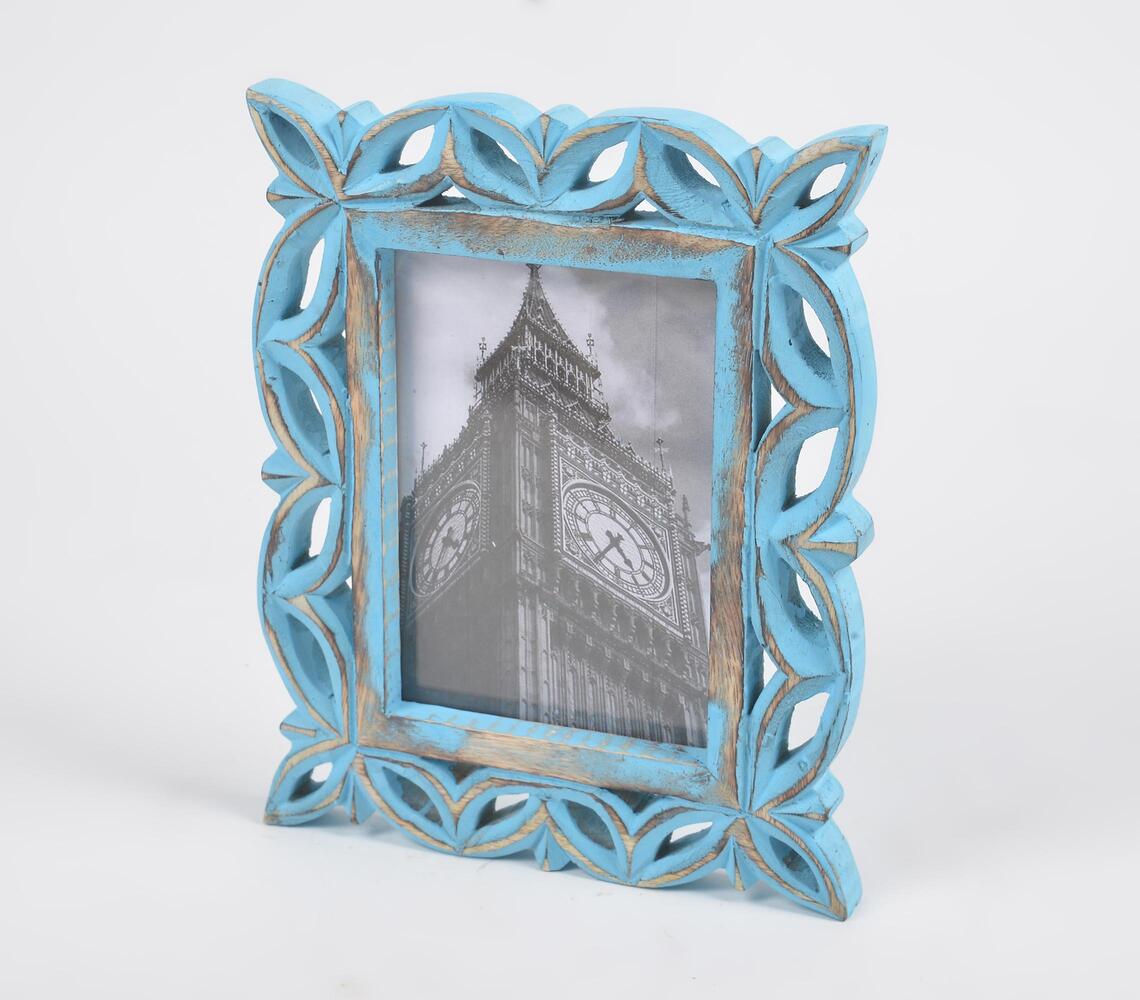 Hand Carved Mango Wood Distress Blue Photo Frame