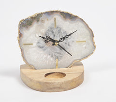 Agate Gemstone Table Clock with Wooden Stand