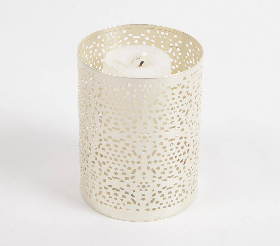 Jali Cut Silver-Toned Iron Candle Holder (S)