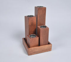 Hand Cut Mango Wood Candle Holders & Tray Set
