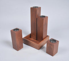 Hand Cut Mango Wood Candle Holders & Tray Set